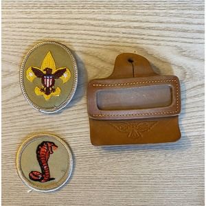 Boy Scout Lot- 2 Patches and Leather Button Loop Name Holder, Tenderfoot, Cobra